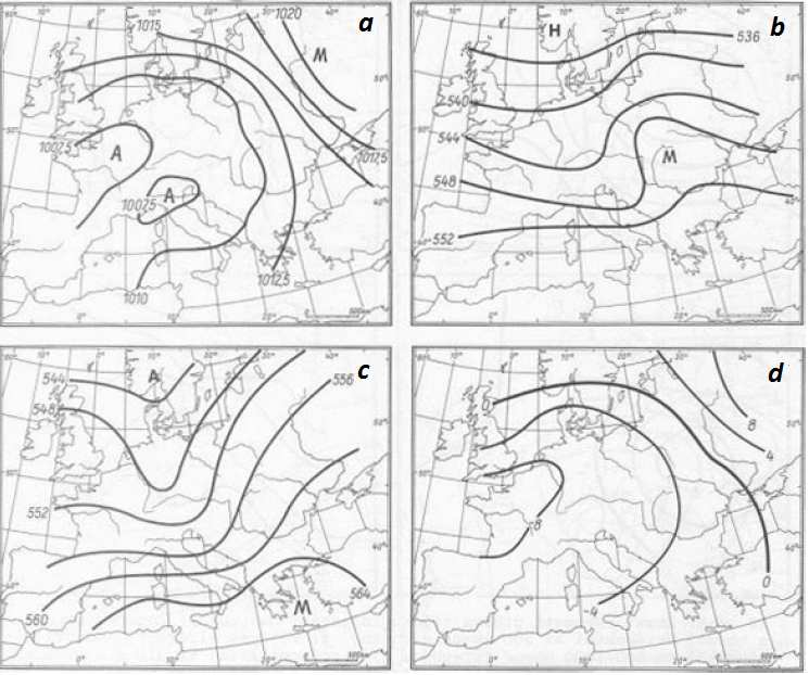 2. Szinoptikus időjárási helyzetek osztályozási módszerei Módszere során az 500 hpa-os abszolút és az 500/1000 hpa-os relatív topográfia térképek teknővonalait valamint a talajközeli ciklon helyzetét
