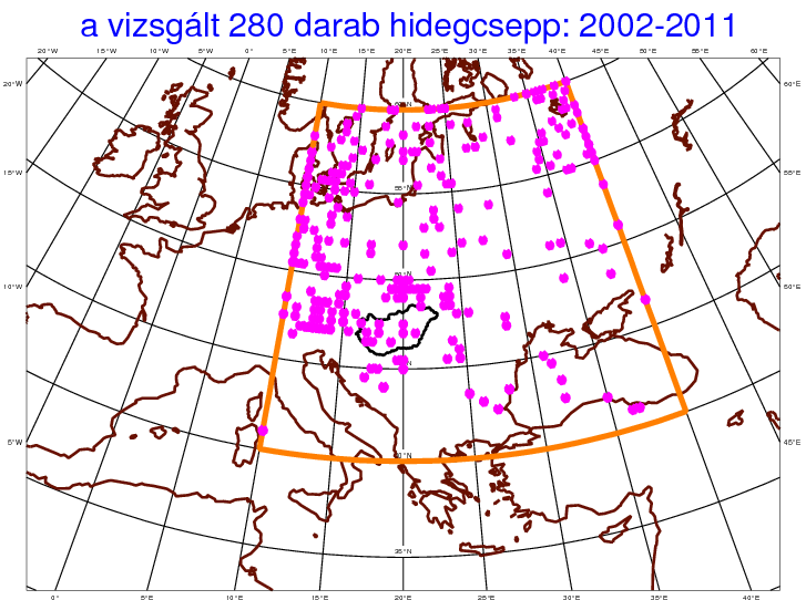 4. Hidegcseppek statisztikai és meteorológiai vizsgálata 12. ábra. A 2002 és 2011 közötti 280 hidegcseppes szituáció minimum helyei (lila pontok), valamint a vizsgált tartomány (narancssárga vonal) 4.