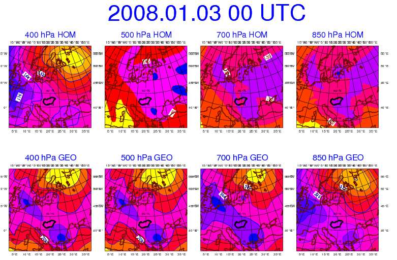 4. Hidegcseppek statisztikai és meteorológiai vizsgálata 17. ábra: ERA Interim 2008. január 3. 00 UTC-os hőmérséklet és geopotenciál analízis a 400, 500, 700 és 850 hpa-os főizobárszinten 18.