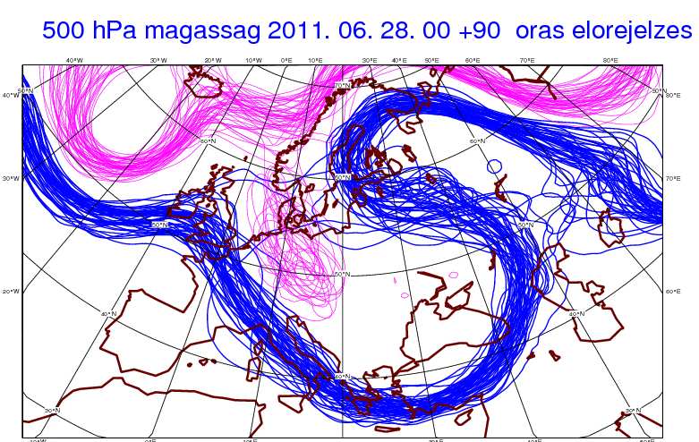 b ábra: 2011. július 1. 18 UTC-re érvényes 90 órás 500 hpa magasság ensemble előrejelzés.