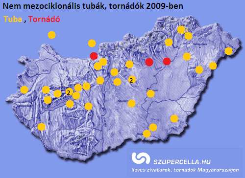 5. Esettanulmányok 5.2. 2009 a hidegcseppek által okozott tubák és tornádók éve A felhőtölcsérek (tubák és tornádók) kétféleképpen jöhetnek létre, mezociklonális és nem mezociklonális módon.