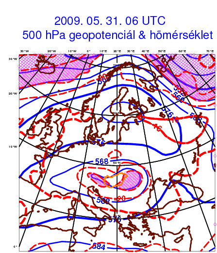 5. Esettanulmányok 5.2.1. 2009. május 29. június 1. Hidegcsepp 2009. május 28-án egy a felszínen zárt izobárokkal nem rendelkező magassági hidegörvény érte el országunkat (23.