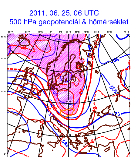 28. ábra. Az ERA Interim analízis 500 hpa-os szint magassága és hőmérséklete 2011.