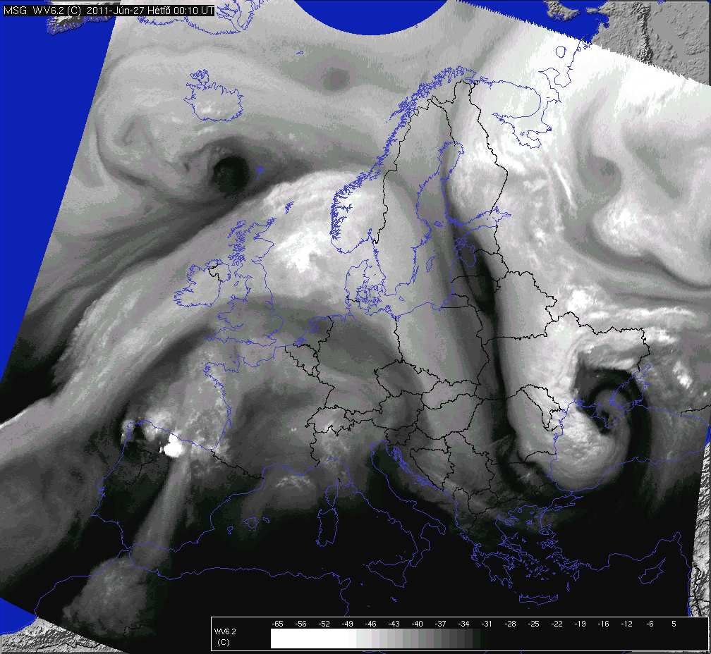 Bevezetés 1. ábra. Hidegcsepp 2011. június 27. 00 UTC-kor Délkelet-Európa felett, a Meteosat vízgőz csatornájában (WV 6.2) készült műholdképen.