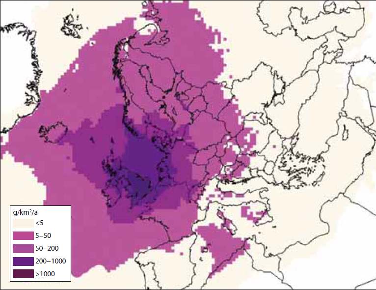 Pb kibocsátás Nagy-Britanniában 2003-as adatok alapján Legérintettebb területek: Nagy-Britannia (c > 1 kg/km 2 ).
