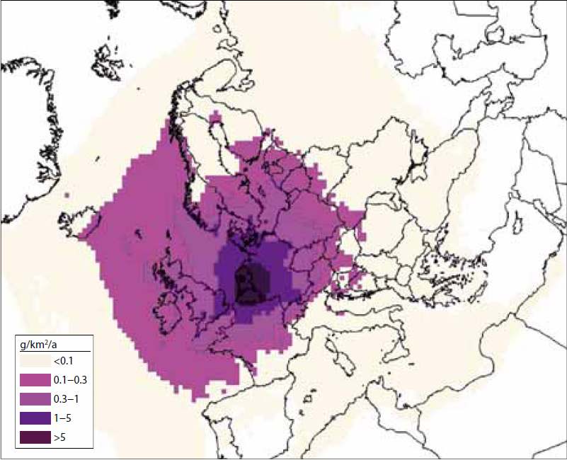 Cd kibocsátás Belgiumban 2003-as adatok alapján Legérintettebb területek: Belgium és Hollandia (c > 5 g/km 2 ).