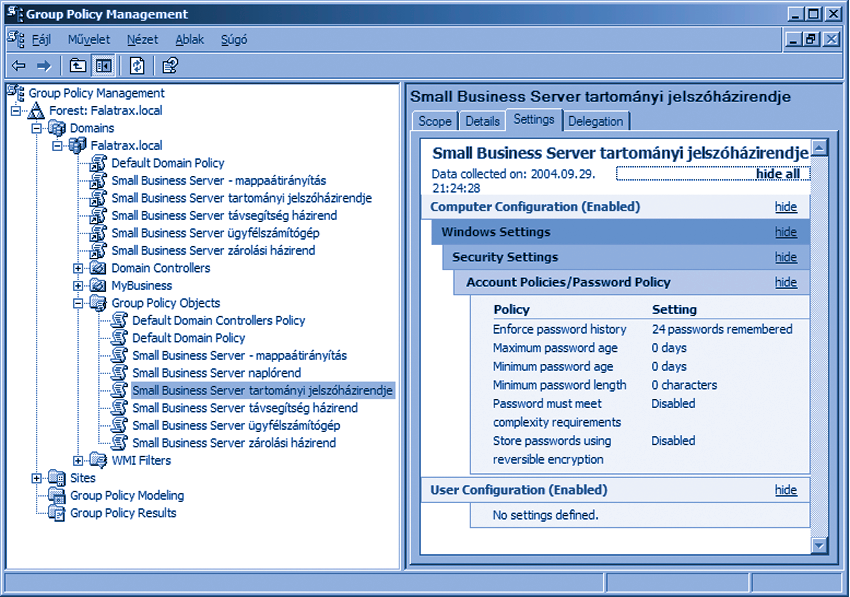 Házirendek Az SBS nem használhatja ki teljes mértékben a csoportházirend (Group Policy) nyújtotta elônyöket, mert egyfelôl tíz ember számára felesleges szervezeti egység hierarchiát kialakítani,