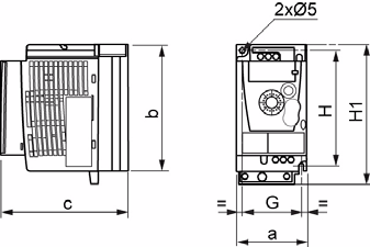 Méretek és tömeg ATV12H018F1, 018M2, 037F1, 037M2, 037M3, 018M2, 018M3, 055M2, 075M2 ATV12H a mm (in.) b mm (in.) c mm (in.) G mm (in.) H mm (in.) H1 mm (in.) Ø mm (in.