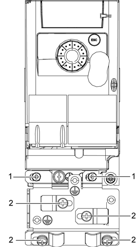 Felszerelés Az EMC-lemezek telepítése EMC-szerelőlemez: 1-es méret VW3A9523, 2-es méret VW3A9524 vagy