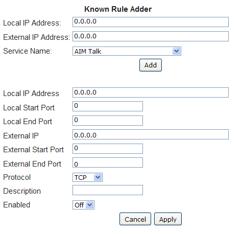 Nyomja meg a Create Ipv4 gombot a szabályok meghatározásához. Válassza ki a a Szolgáltatás Neve (Service Name) vagy a Port szám tartományt, hogy beállíthassa. Ha az IP cím beállításhoz 0.
