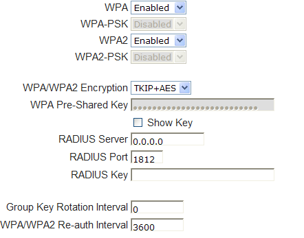 WPA/WPA2: A WPA/WPA2 hálózat hitelesítéshez az alábbi beállításokat végezheti el: WPA/WPA2 Titkosítás (Encryption), RADIUS Szerver, RADIUS Port, RADIUS Kulcs (Key), Csoportos Kulcs Forgató