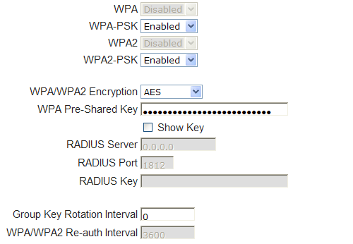 WPA-PSK/ WPA2-PSK: A WPA-PSK/WPA2-PSK hálózat hitelesítés esetén az alábbi beállításokat végezheti el: WPA/WPA2 Titkosítás (Encryption), WPA Elő-osztott kulcs (Pre-Shared Key) és csoportos kulcs