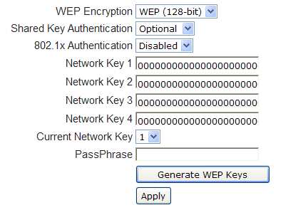 WEP Titkosítás (Encryption): 64- vagy 128-bites titkosítást választhat, szükségletei szerint. Amennyiben a tiltást (Disabled) választja, a hálózati kulcsokat nem jeleníti meg ez az oldal.