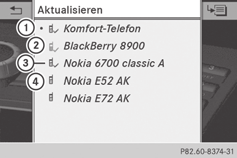 40 Bluetooth -kapcsolaton keresztül történő telefonálás obiltelefon regisztrálása (engedélyezés) Telefon Bluetooth -telefonlista (példa) : Pillanatnyilag kapcsolódott (#) és engedélyezett (Y)