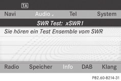 Rádió üzemmód 65 A DAB-rádió képernyője Az Audio 20 rendszer maximum 20 DAB-rádióadó vételére képes. A digitális rádióadókat az analóg rádióadókhoz hasonlóan állíthatja be (N 65.