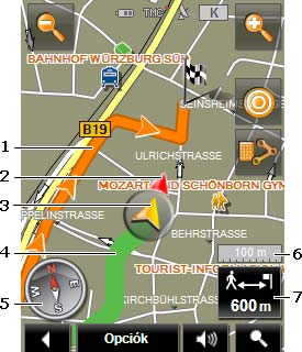 1 A digitalizált úthálózat alapján tervezett útvonalat narancs színű jelöli a rendszer. 2 Megjelenik, milyen irányban fekszik az úticél (piros háromszög).