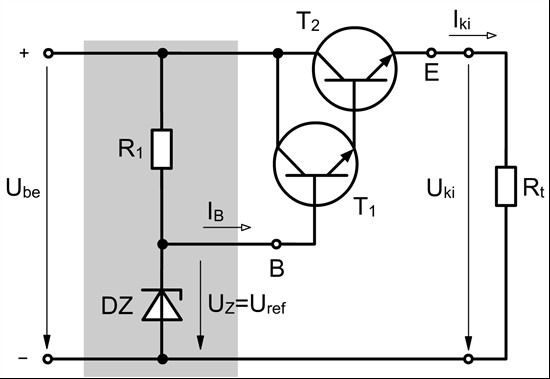 Feszültségstabilizálás darlington kapcsolású tranzisztorral fix kimeneti feszültségre Feszültségstabilizálás darlington kapcsolású tranzisztorral változtatható kimeneti feszültségre A