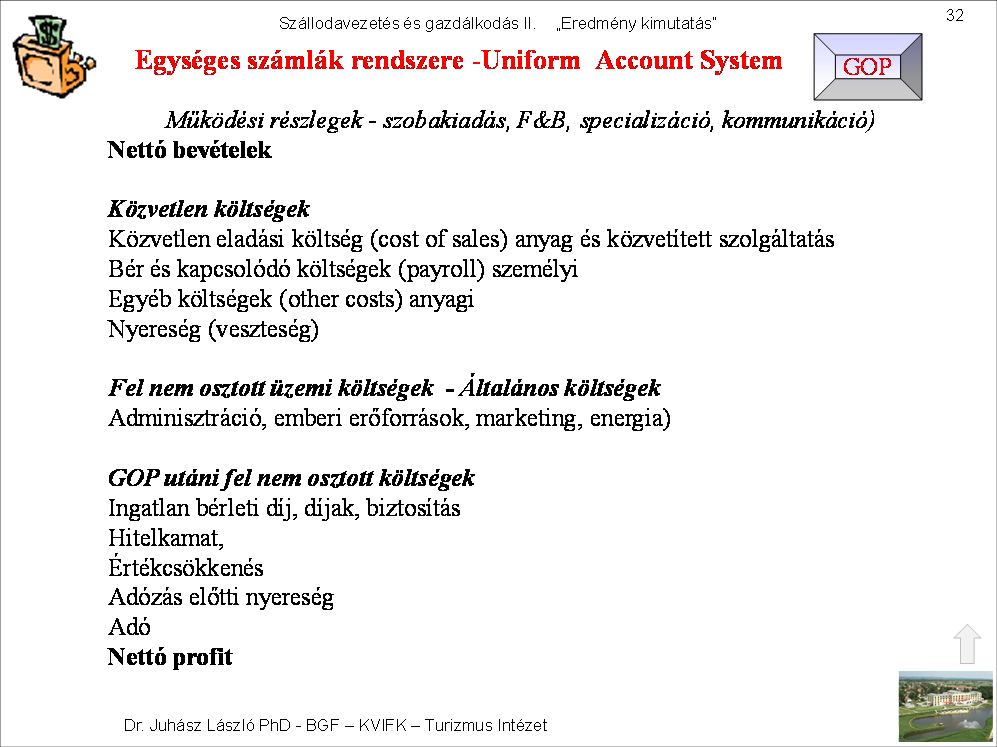 IV. 20. Szállodák eredmény-kimutatása Cél, a költségek ismertetése után, bemutatni a költséggazdálkodással és tervezéssel összefüggő eredménykimutatás tartalmát, szintjeit és felépítését.