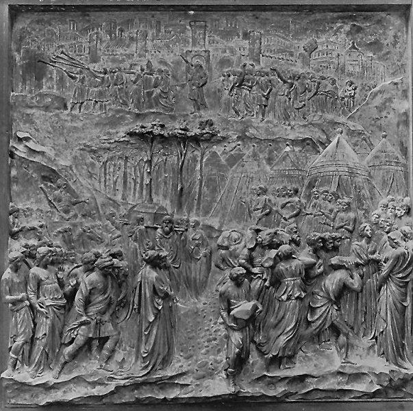 Ghiberti 31 A nyolcadik jelenet: átkelés a Jordánon, a tizenkét sátor a tizenkét törzs.