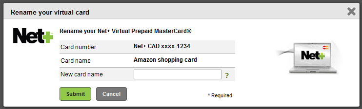 A Rename card lehetőség választása után a következő oldal jelenik meg:. Adja meg az új kártyanevet az erre szolgáló mezőben.. A Submit gombra kattintva módosíthatja virtuális kártyájának nevét.