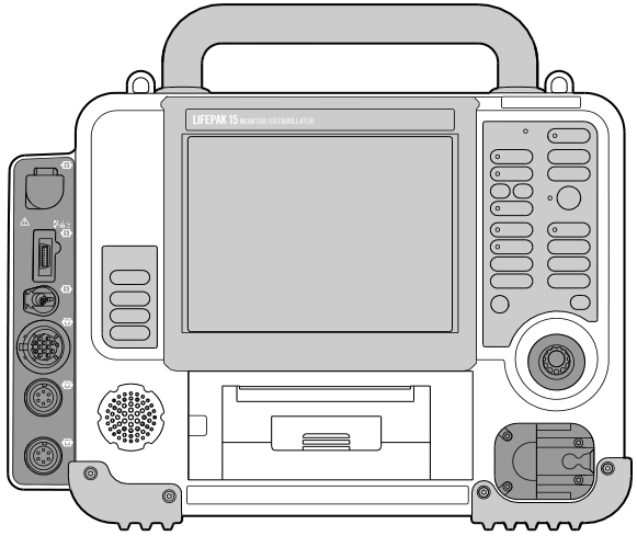 ALAPISMERETEK 3 Elölnézet A 3-1. ábra elölnézetben ábrázolja a LIFEPAK 15 monitor/defibrillátort. A készülék előlapjának leírása az alábbi fejezetekben olvasható.