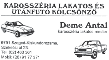 árammal 500 m 2 zárt udvarral kiadó! Tel.: 06 70/389-5330 AUTÓSZERVIZ Keleti-nyugati autók javítása Fodor Imre Kiskundorozsma, Széksósi u. 33. Tel.: 06 20/9120 118 Nyitva: H-P: 8-16 óráig Megbízott partner BÁRÁNYOS JÁNOS Aegon Magyarország Általános Biztosító Zrt.