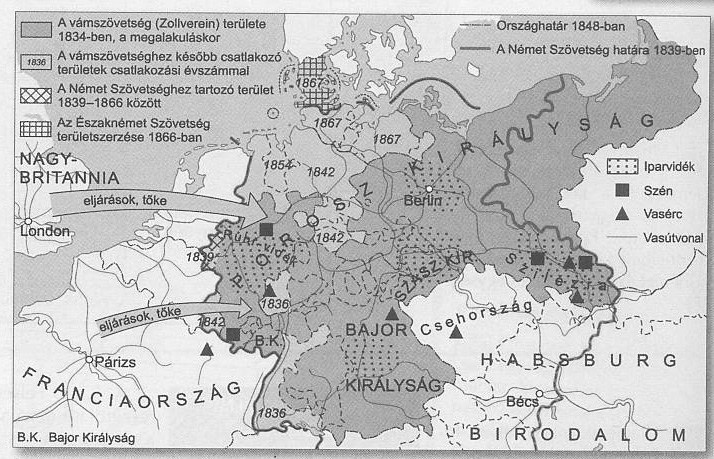 6. A feladat Németország XIX. századi történetéhez kapcsolódik. A térkép segítségével válaszoljon a kérdésekre! a) A vas és a szén kiemelten szerepel a térképen.
