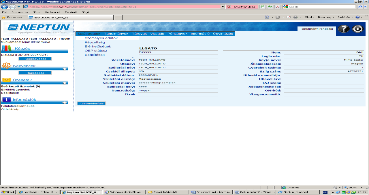 3. számú Neptun képernyő Saját adatok/elérhetőség felületen az email cím, postai cím, telefonszám és honlapcím található.