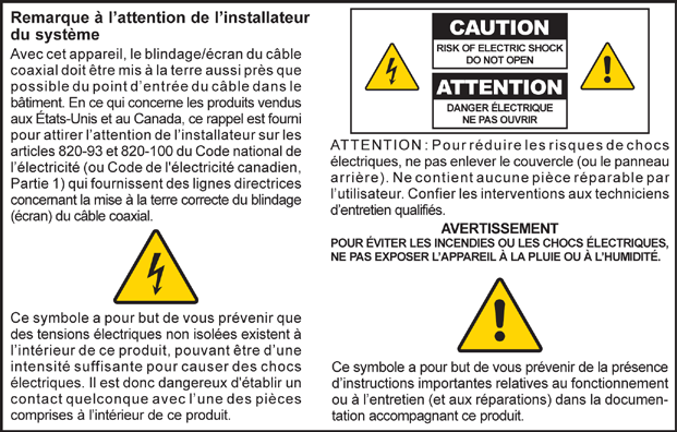 FONTOS BIZTONSÁGI ELŐÍRÁSOK Notice à l attention des installateurs de réseaux câblés Les instructions relatives aux interventions d entretien, fournies dans la présente notice, s adressent