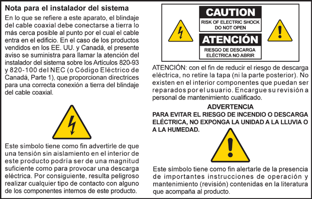 FONTOS BIZTONSÁGI ELŐÍRÁSOK Aviso a los instaladores de sistemas CATV Las instrucciones de reparación contenidas en el presente aviso son para uso exclusivo por parte de personal de mantenimiento