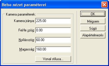 4-14.ábra: Kamera adatait megadó dialógusdoboz A kamera iránya a kamera már beállított alaprajzi szöge, így ezt nem célszerű megváltoztatni. A többi adatot értelemszerűen változtathatjuk.