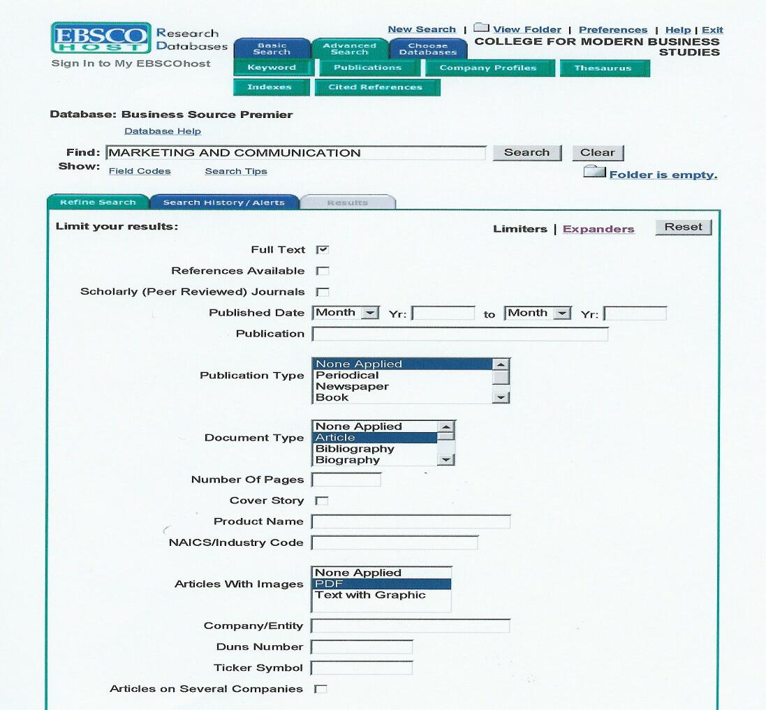 KERESÉS AZ ADATBÁZISBAN I. Keressünk témára Téma: pl.: marketing kommunikáció 1. lépés: http://search.epnet.com 2. lépés: válasszunk adatbázist: Business Source Premier 3.