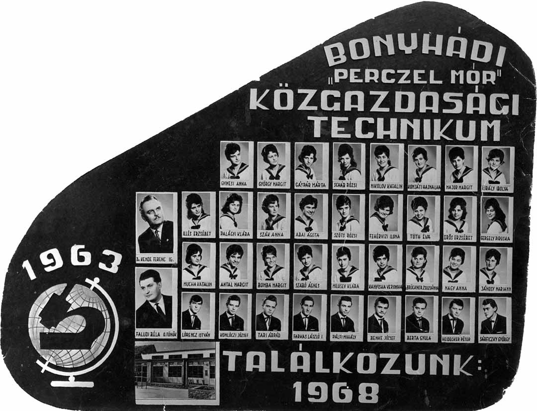 1959-1963 Tablók könyve 1962/63. tanév Diákok soronként: 1. sor: Gyimesi Anna, György Margit, Gáspár Márta, Scháb Rózsi, Nikolov Katalin, Komjáti Hajnalka, Major Margit, Király Ibolya; 2.