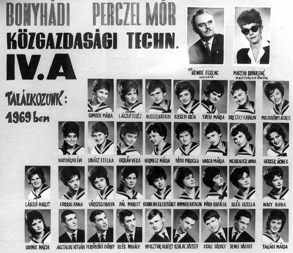 29 1963/64. tanév, IV. A Diákok soronként: 1. sor: Somogyi Mária, László Teréz, Nusser Katalin, Szegedi Irén, Tóth Mária, dretzky Katalin, Moldoványi Ágnes; 2.