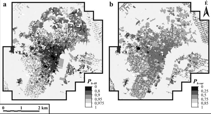 ábra A városi tetôszint réteg porozitását jellemzô paraméterek térbeli eloszlása a mintaterületen (a: P h-40, b: P h-var ) 4.