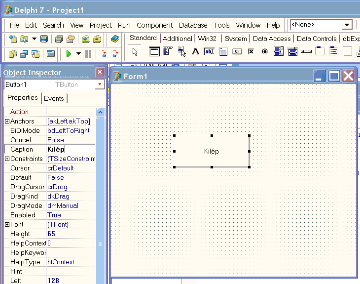 Pl. alapértelmezési Button1 címke (Caption - tulajdonság)