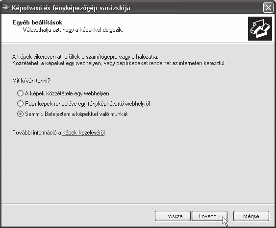 Fájlformátumként JPG, BMP, TIF vagy PNG választható. A beolvasás elindításához kattintson a "Tovább" gombra.