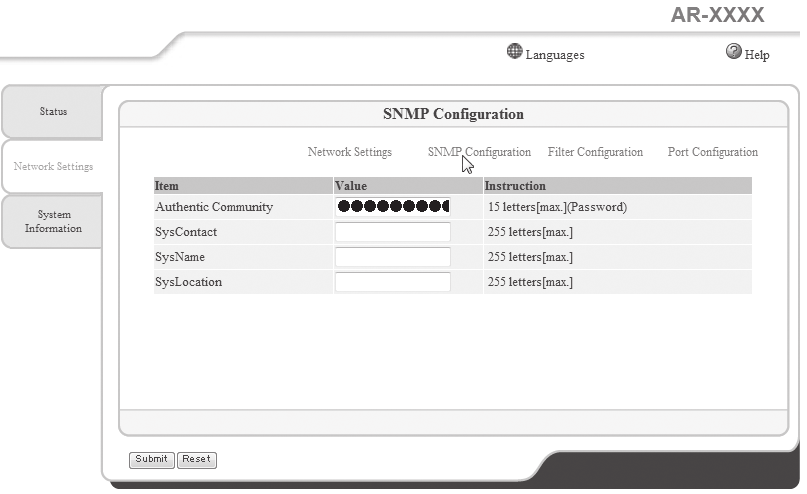 FELHASZNÁLÓI BEÁLLÍTÁSOK "SNMP Configuration" ablak Az "SNMP Configuration" ablak megjelenítéséhez kattintson az "SNMP Configuration" lehetőségre a "Network Settings" lapon.