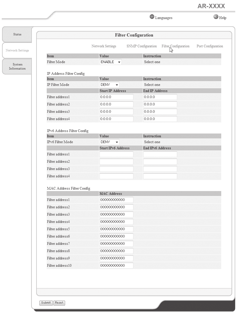 FELHASZNÁLÓI BEÁLLÍTÁSOK "Filter Configuration" ablak A "Filter Configuration" ablak megjelenítéséhez kattintson a "Filter Configuration" lehetőségre a