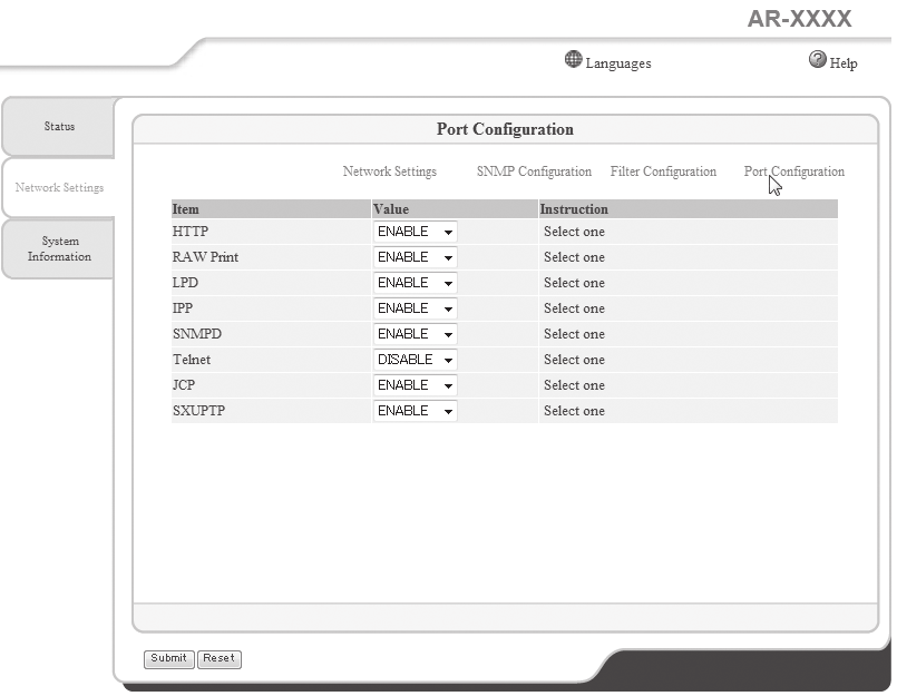 FELHASZNÁLÓI BEÁLLÍTÁSOK "Port Configuration" ablak A "Port Configuration" ablak megjelenítéséhez kattintson a "Port Configuration" lehetőségre a "Network Settings" lapon.
