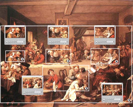 E példában a pásztázás és nagyítás arra használatos, hogy William Hogarth angol művész Választási kampány (An Election Entertainment) című képén négy különböző szatirikus jelenetre irányítsa a