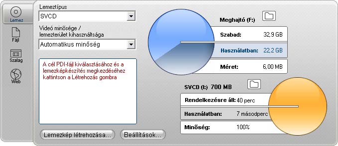 A kimeneti beállítások kiválasztása: A bal oldalon látható fülek segítségével lemezre, fájlba vagy szalagra mentheti az anyagot.