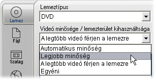 A kimenet mindegyik adathordozónál egyszerűen konfigurálható a kimenetválasztó ablak legördülő listái segítségével.