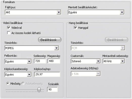 A Real Media és Windows Media fájltípuson kívül mindegyik a közös Fájl készítése panellapot használja. A beállításoknak nem mindegyike áll rendelkezésre minden fájltípushoz.