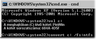 5. Írja be a convert c: /fs:ntfs parancsot, majd nyomja meg az Enter billentyűt. Ekkor elindul a kötet FAT32-ről NTFS-re konvertálása.
