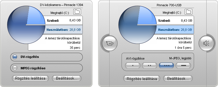 A Lemezterület-kijelző digitális (bal) és analóg (jobb) forrásról történő rögzítéskor.