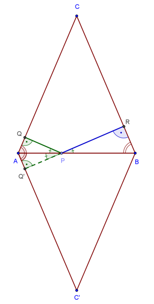 A háromszöget és a PQ szakaszt tükrözzük az AB alapra. Az így keletkező AC BC négyszög rombusz.