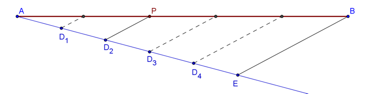 A szakaszhoz egy segédegyenest illesztünk, az A pontból a segédegyenesre 5 egyenlő szakaszt mérünk fel. Az ötödik pontot, E-t összekötjük a B ponttal.