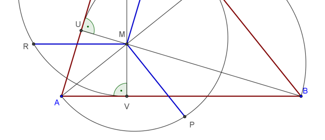 háromszög M magasságpontján átmenő és a félkör átmérőjére merőleges egyenessel, a metszéspontok legyenek P; Q; R.