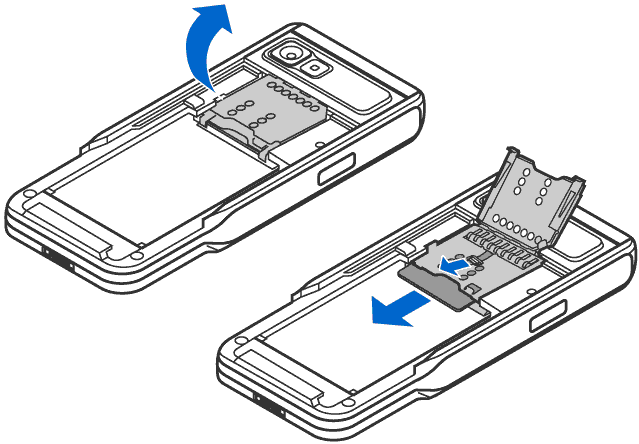 2. Óvatosan felhúzva nyissuk ki a memóriakártya tartójának fedelét. Helyezzük a SIM-kártyát az alsó nyílásba.